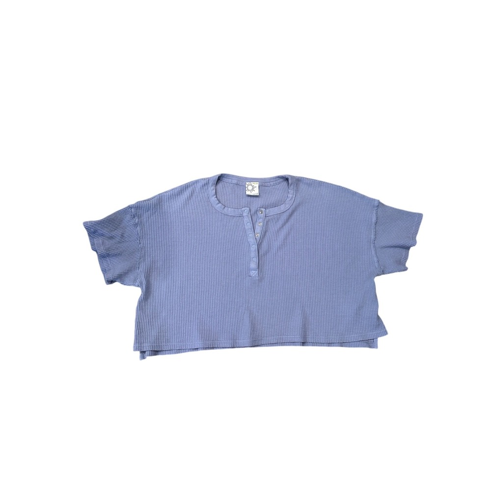 Aerie Offline Waffle Knit Cropped Henley Shirt Periwinkle Blue Size L G